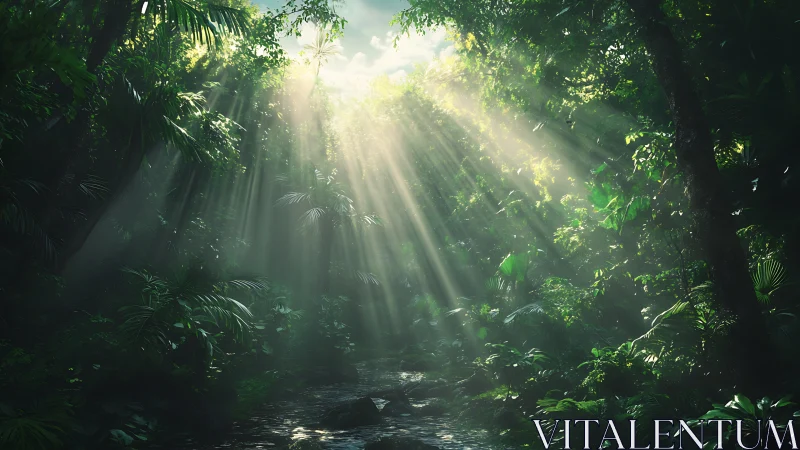 Sunlit rainforest ravine with volumetric light shafts and mist.