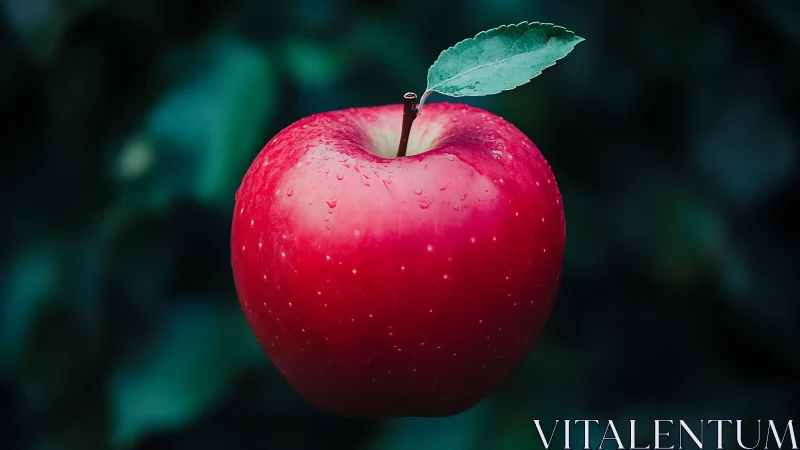 Ripe red apple hangs in sharp focus against dark foliage.