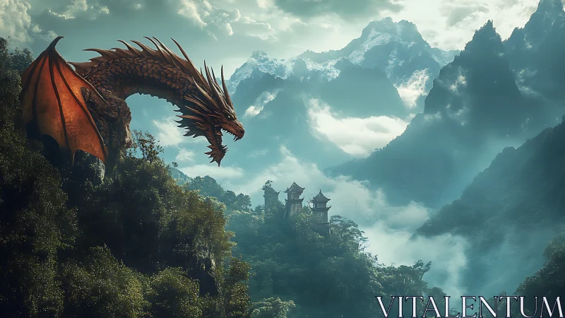 Bronze mountain dragon bends low to judge the misty citadel