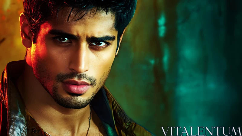 Cinematic male portrait uses split complementary neon lighting