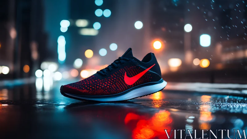 Low-light product shot of neon-accented running shoe on wet street