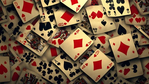 Orthogonal cascade of playing cards in dense stochastic array.