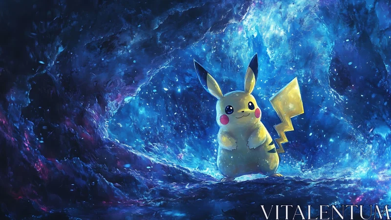 Sparkling cosmic Pikachu glowing in a swirling blue galaxy.