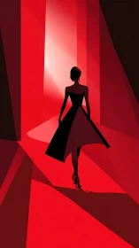 Elegant silhouette stepping into bold red spotlight.