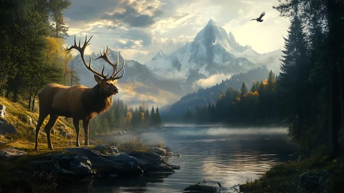 Morning light welcomes a proud stag by a misty mountain lake