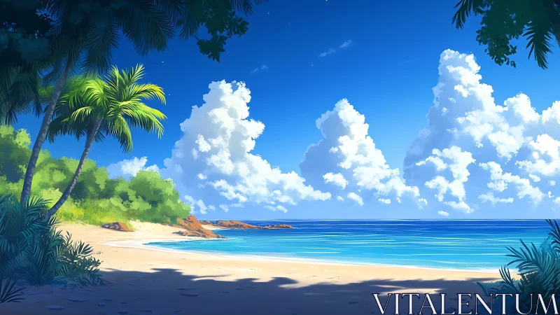 Tropical Paradise Where Sand Meets Sky's Cotton Clouds