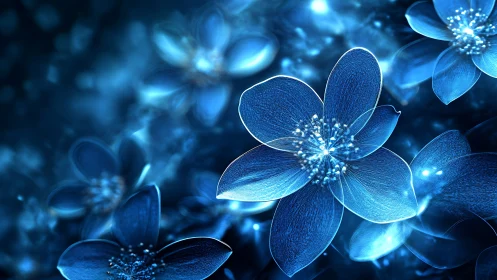 Luminous Blue Flowers Blooming in Digital Darkness
