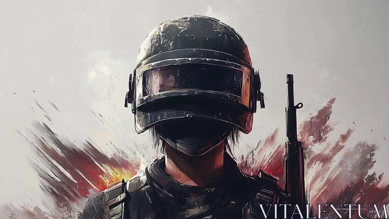 Helmeted combat figure stands frontally with weapon visible