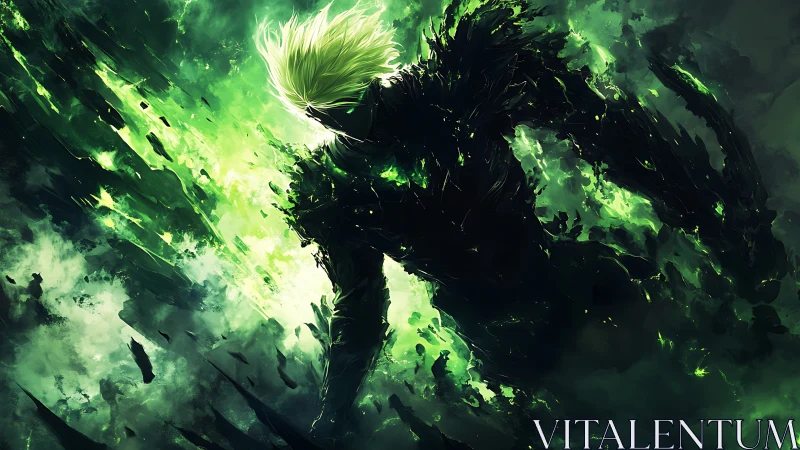 Emerald energy warrior stepping boldly through swirling chaos.