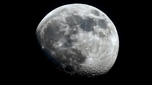 Lunar surface close-up shows craters, maria, bright rays.