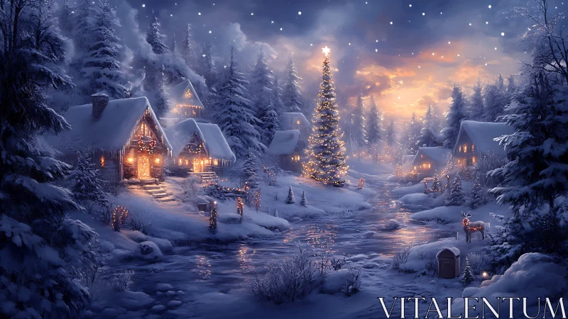 Snowy village river with illuminated Christmas tree scene.