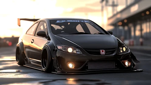 Modified black Honda coupe on wet track at sunset.