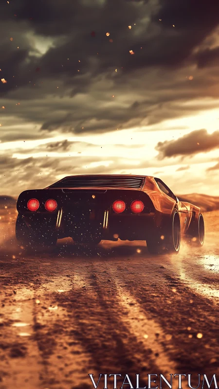 Sunset muscle car hurls sparks into a storm lit horizon
