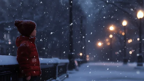 Child in red parka amid nocturnal snowfall and bokeh luminance.