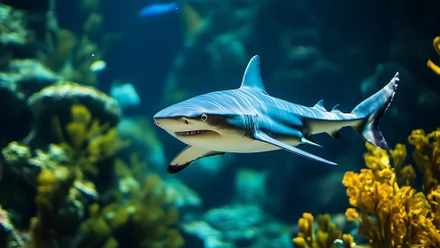 Shark in open water near coral and submerged rock formations.