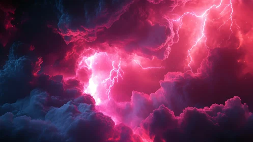 Electric pink storm clouds with vivid branching lightning.