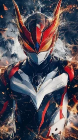 Armored cyber warrior stands amid burning storm embers.