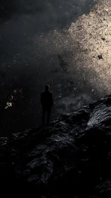 Solitary figure contemplates a cosmic void of falling light