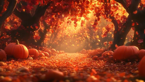 Glowing pumpkin path beneath a golden autumn canopy.