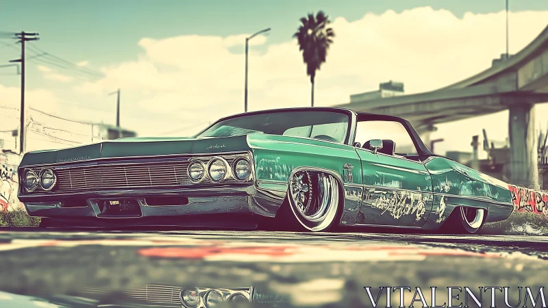 Low-slung green convertible car is parked in urban overpass setting