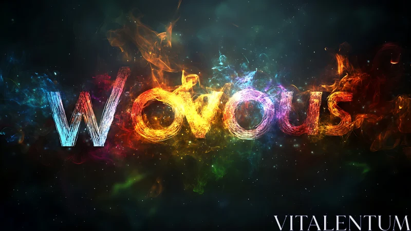 Colorful fiery &ldquo;Wovous&rdquo; text on dark cosmic background.