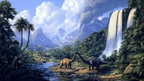 Sauropod dinosaurs in lush prehistoric valley with waterfalls