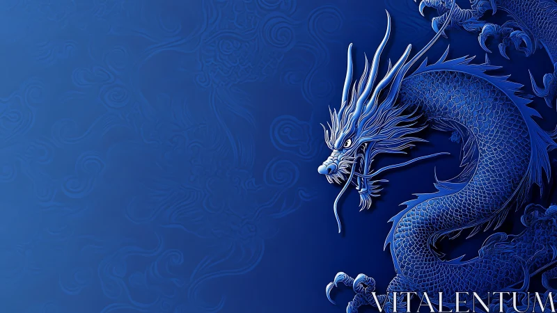 Blue eastern dragon illustration on patterned background.