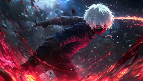 Masked white-haired fighter moves through red energy arc