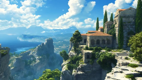 Clifftop monastery above luminous Mediterranean seascape.