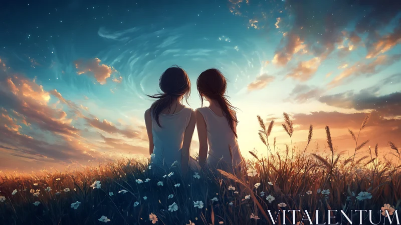 Digital painting of two girls in luminous sunset meadow scene.