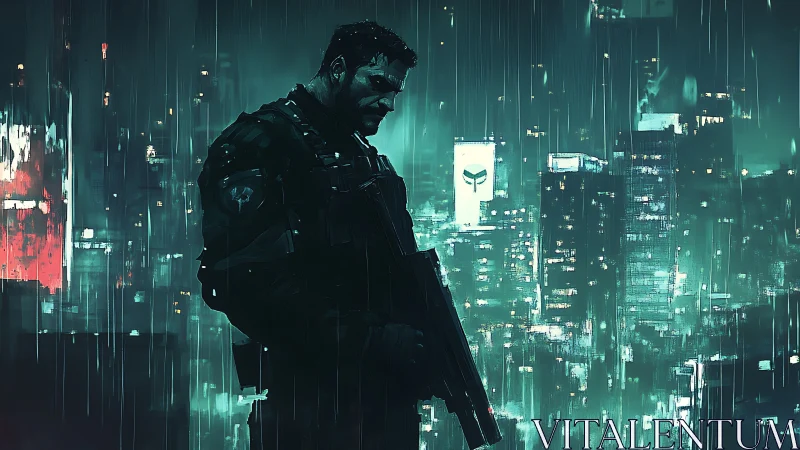 Armored sentinel studies neon-soaked cityscape under heavy rain