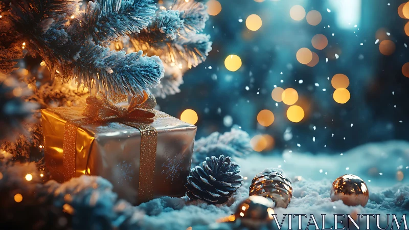 Snowlit gift box under frosted tree with golden bokeh glow.