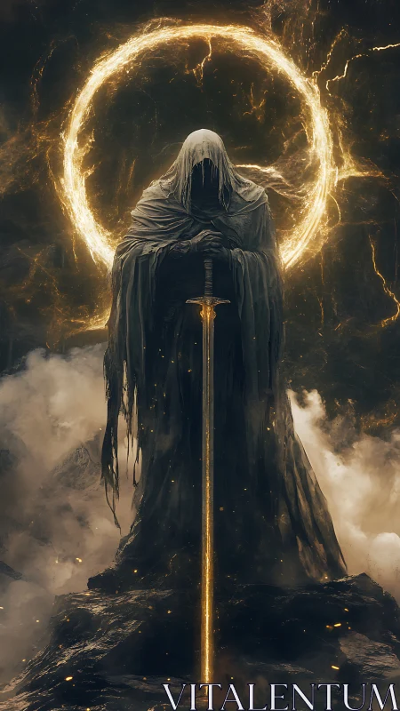 Mysterious hooded guardian resting within a golden halo.