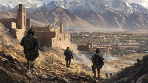 Soldiers crossing a sunlit valley toward an ancient fortress.