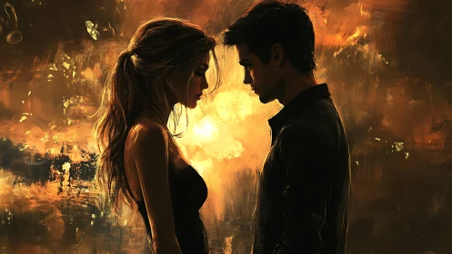 Two Figures in Contemplative Proximity Against Golden Luminous Background.