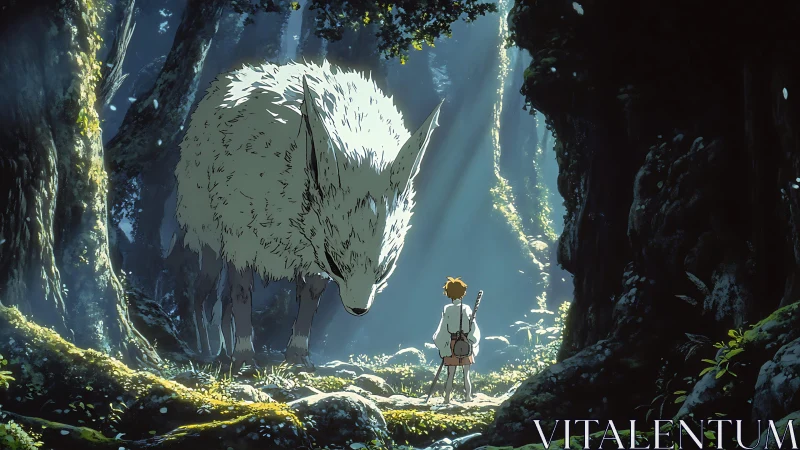 Human figure and large white beast in dense forest clearing.