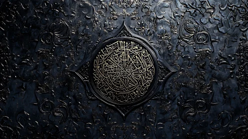 Intricate circular Arabic calligraphy embossed on dark relief