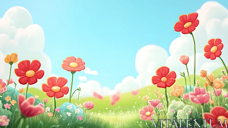 Vibrant Wildflower Meadow Under Luminous Sky.