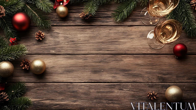 Rustic Christmas table with ornaments and champagne glasses.