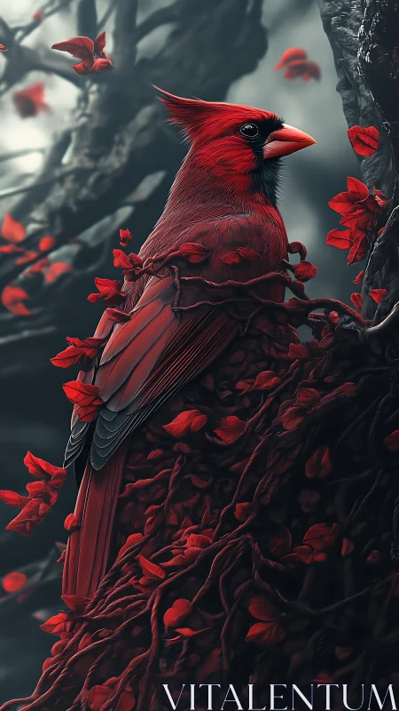 Crimson cardinal integrated with twisting red vines in muted forest