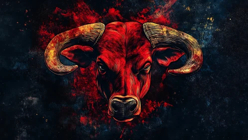 Fierce red bull portrait glowing against midnight splashes.