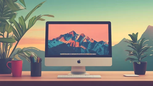 Minimalist desktop setup glows with sunset mountain screen.