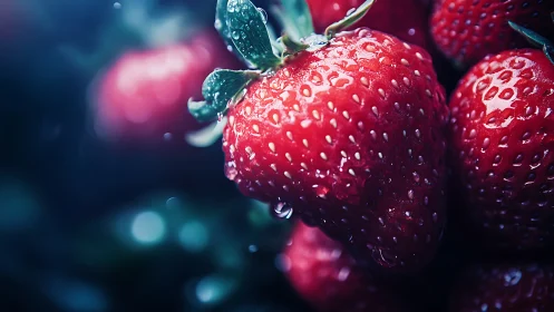Close-up macro view of ripe strawberries with water droplets.