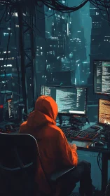 Hooded hacker codes in neon-lit cyberpunk city at night.