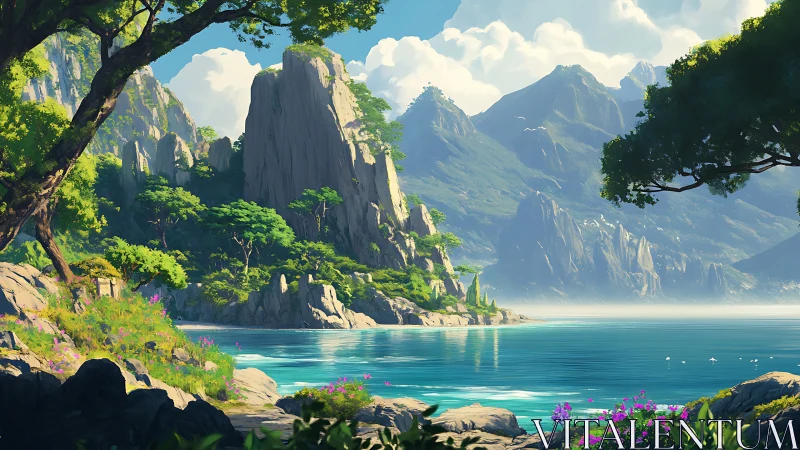 Coastal inlet with steep forested cliffs and distant peaks.