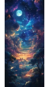 Vertical celestial valley with luminous clouds and moonlit sky.