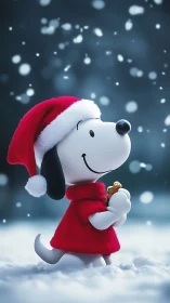Cartoon beagle in Santa outfit walking through snowfall.
