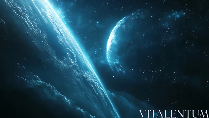 Planetary horizon with illuminated crescent world in space.