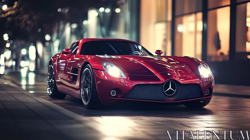 Red Mercedes supercar glows under sleek modern city lights.
