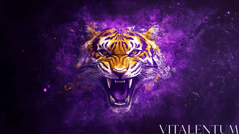 Tiger head graphic emerges from dense purple digital smoke